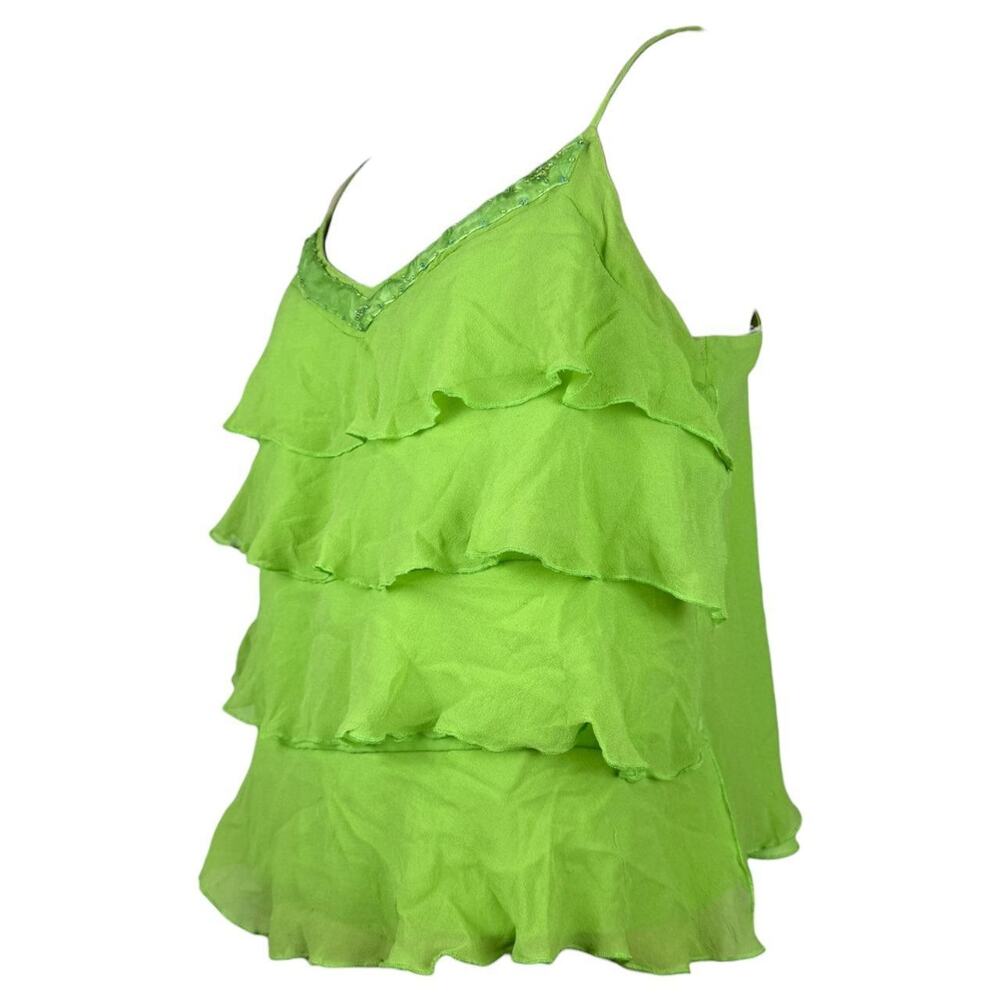 Y2K Lime Green 100% Silk Ruffle Camisole Beaded Fairy Top